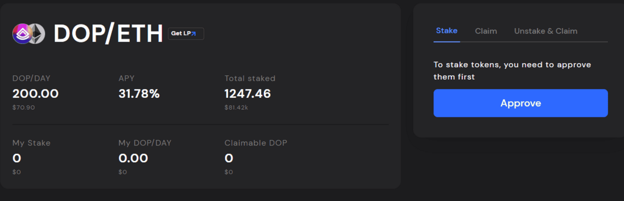 stake Lp DOP/ETH