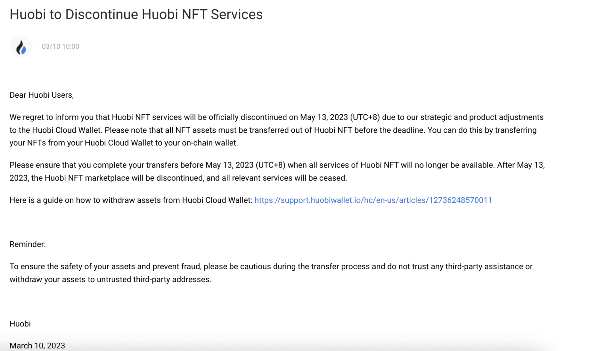 Huobi đã thông báo sẽ ngừng cung cấp dịch vụ NFT