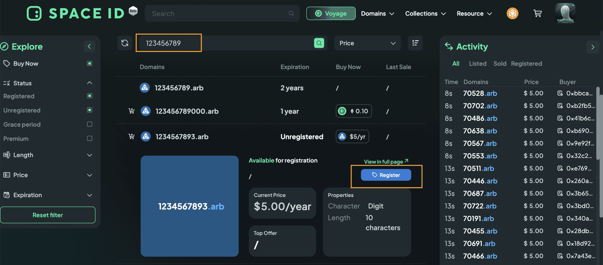 Chọn tên miền và click Register
