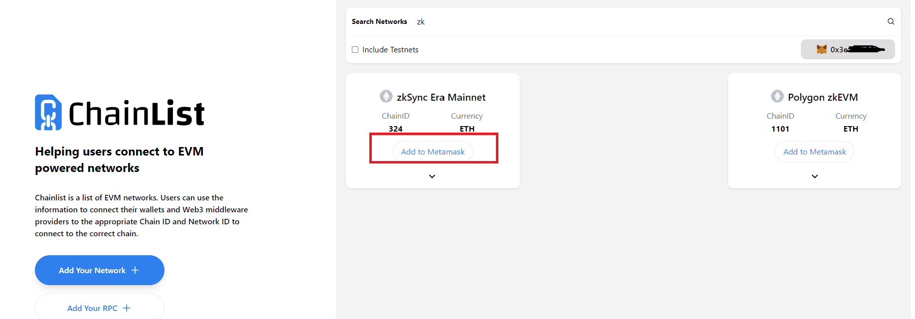 Thêm mạng zkSync ví Metamask