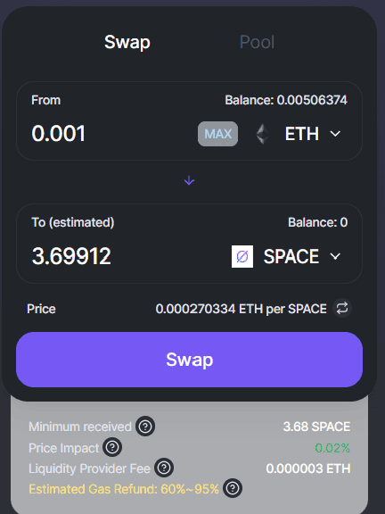 Swap ETH sang SPACE