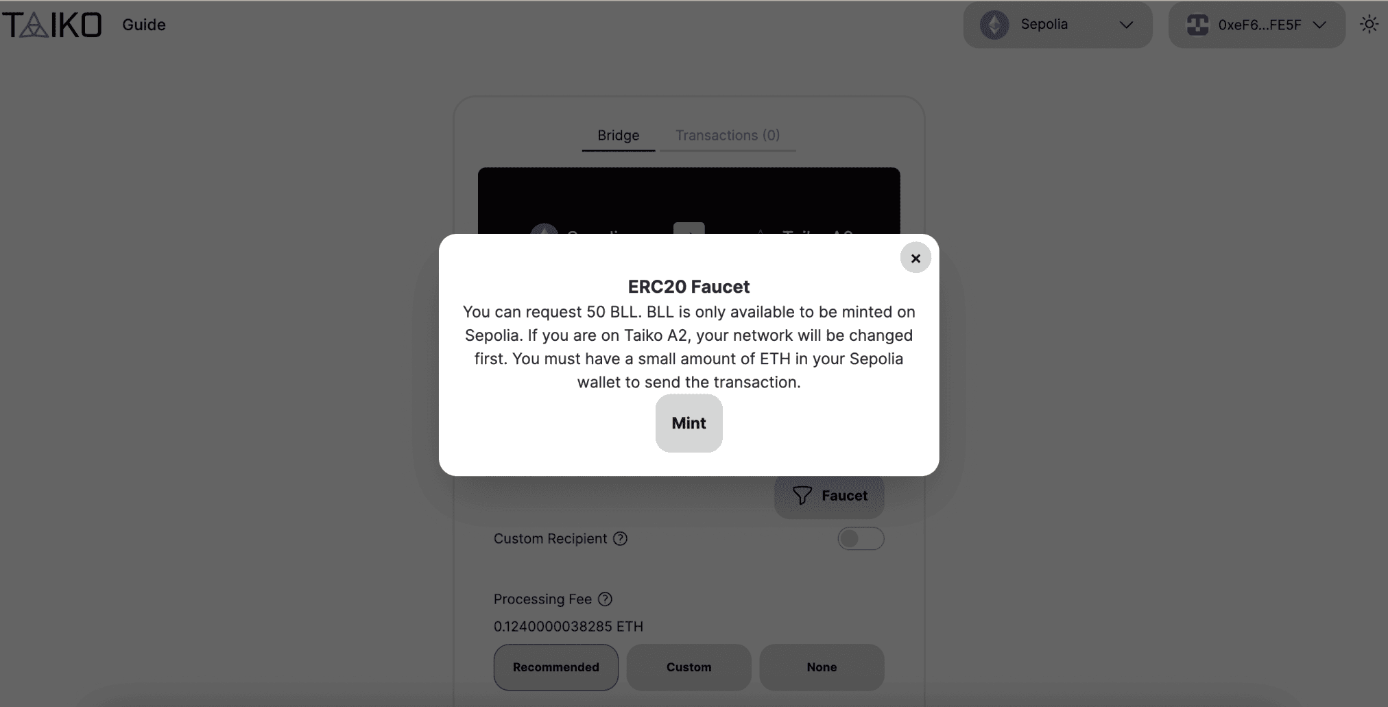 Mint token $BLL trên Sepolia network