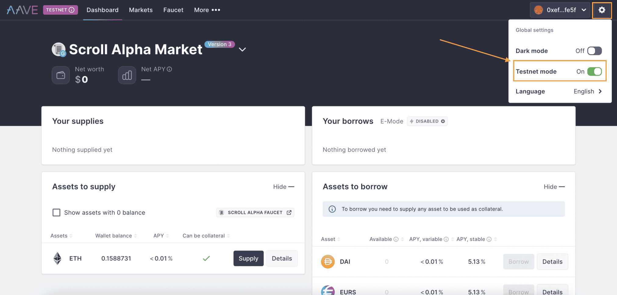 Bật chế độ “Testnet mode”