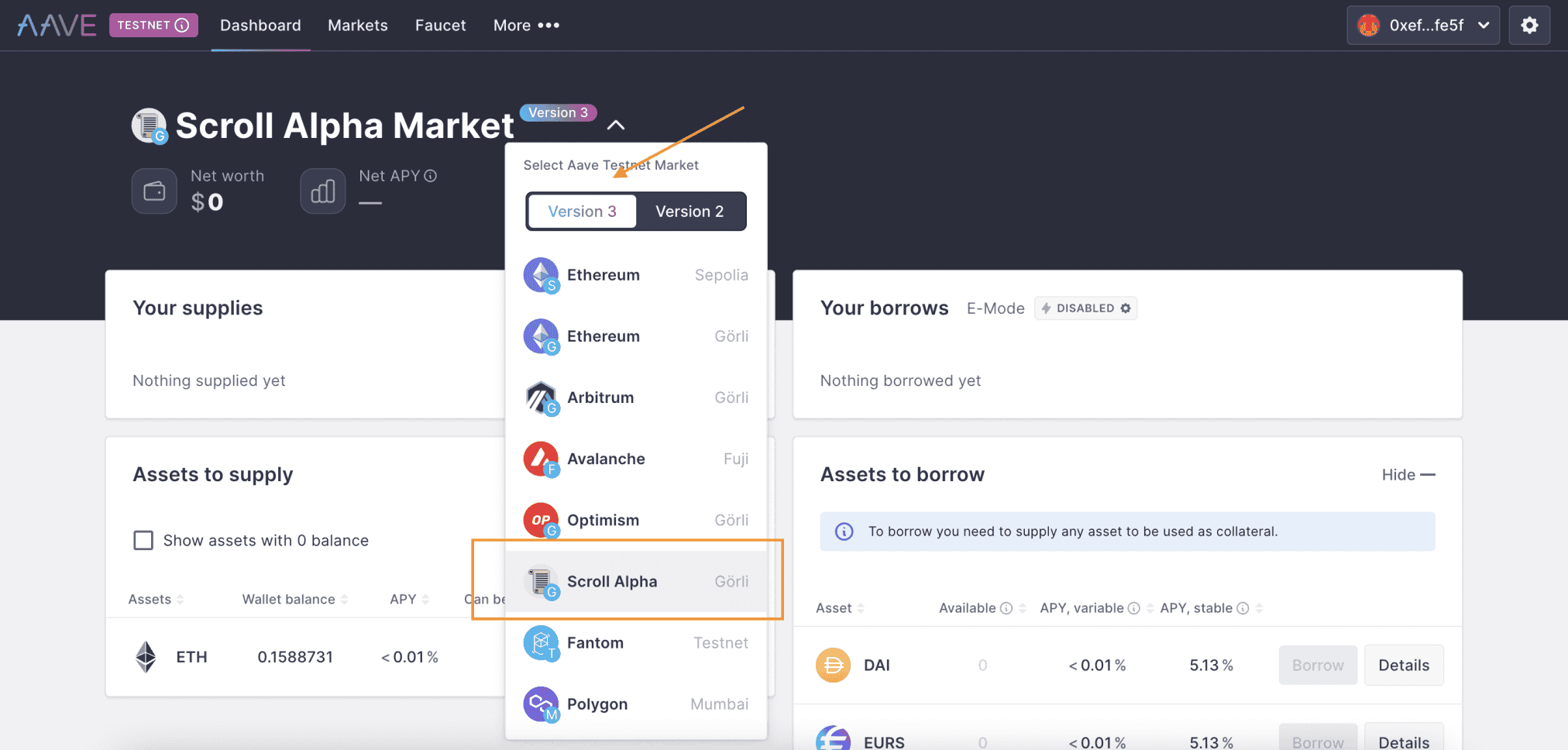 Chọn mạng Scroll Alpha Testnet trên thanh Version 3