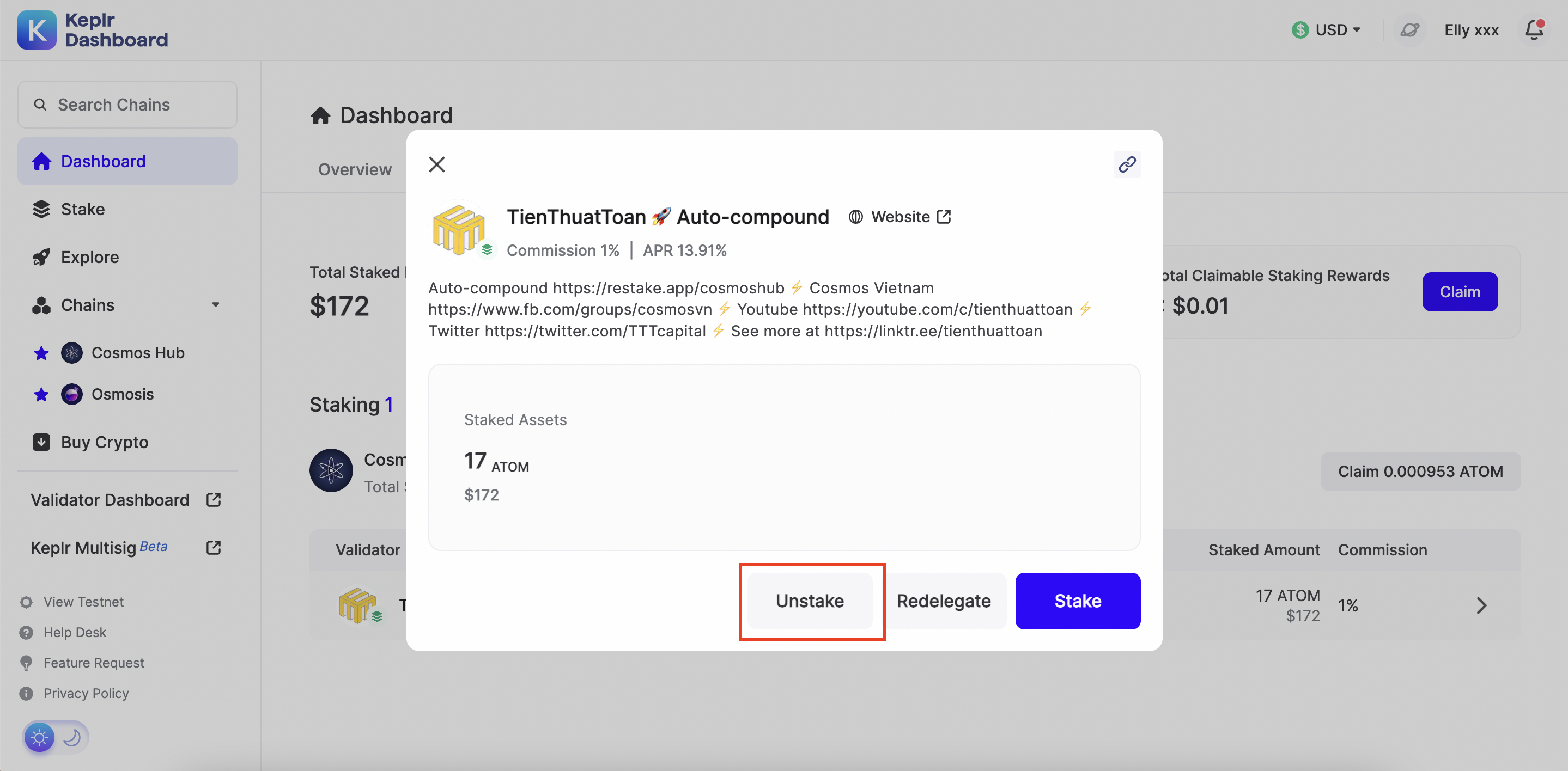 Hướng dẫn unstake ATOM