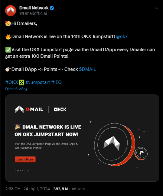 Dmail trở thành dự án Jumpstart thứ 14 trên Okex