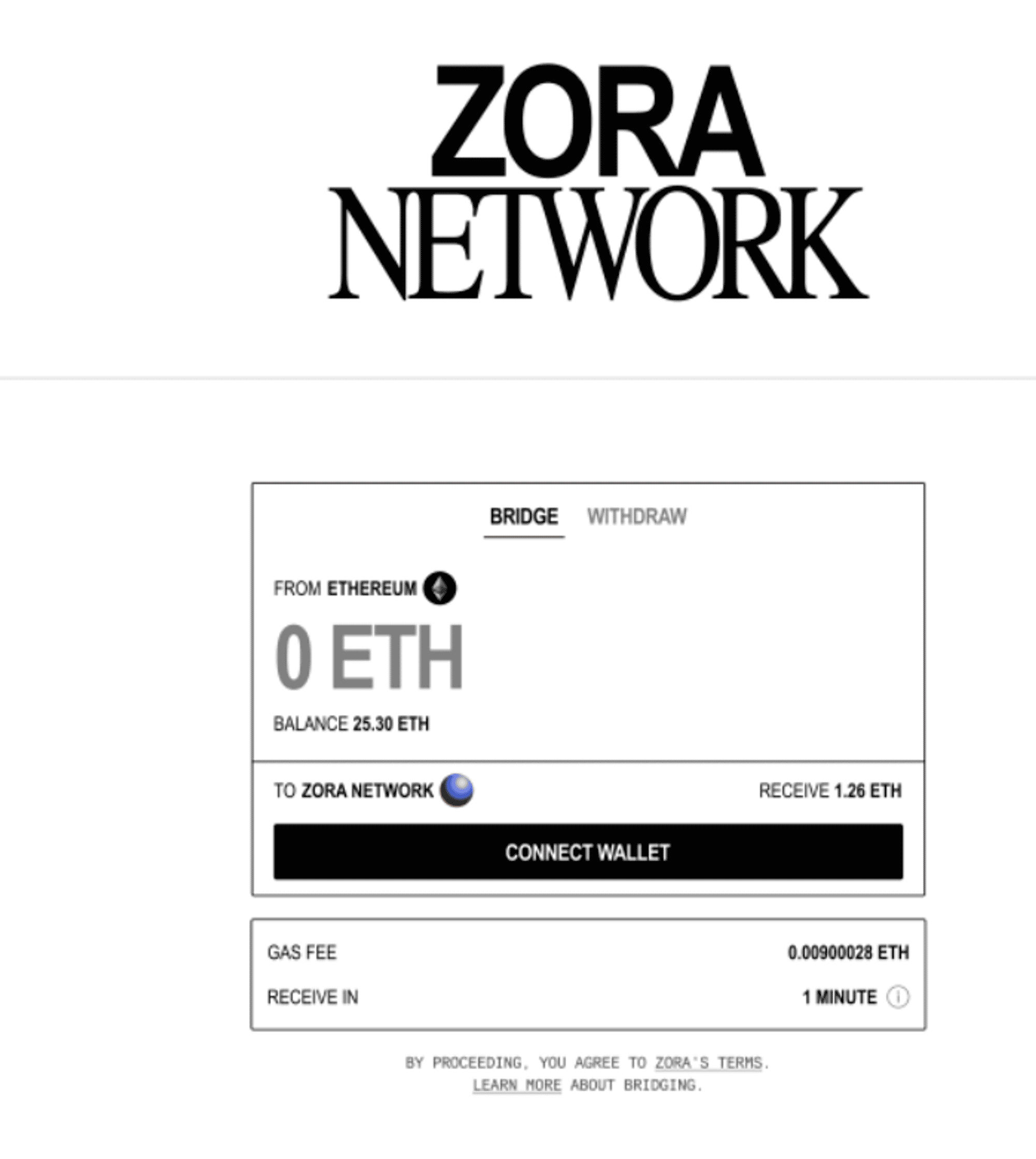 Chuyển tiền từ Ethereum sang Zora Network qua Bridge Dashboard