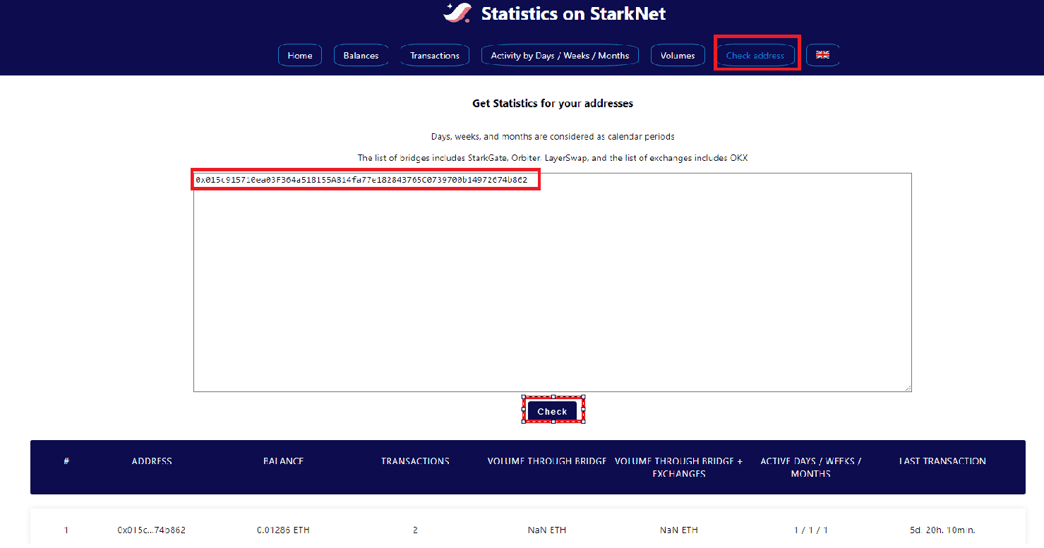 Kiểm tra tương tác ví mạng StarkNet trên Starkstats