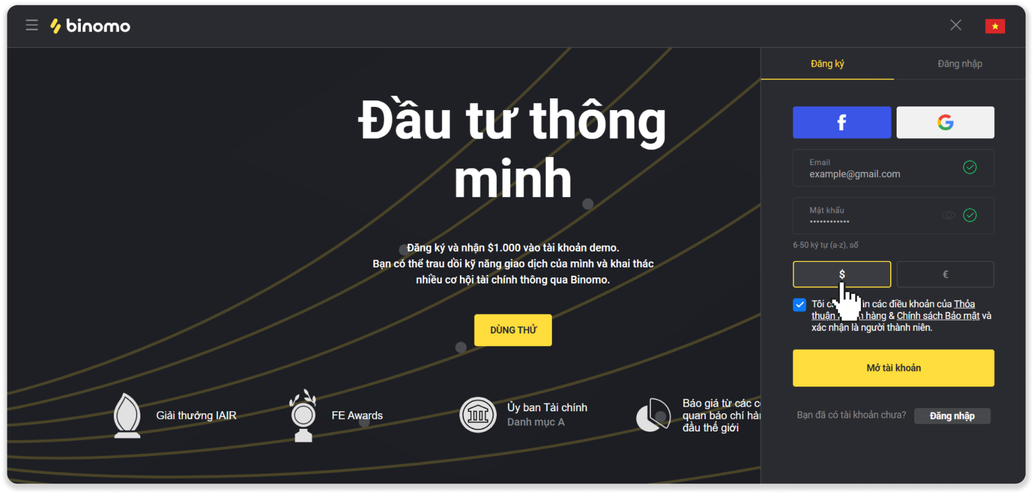 C&aacute;ch đăng k&yacute; t&agrave;i khoản Binomo