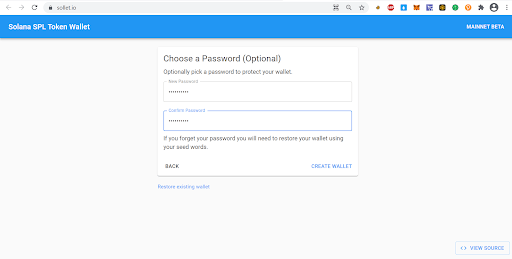 Tạo mật khẩu cho Sollet Wallet