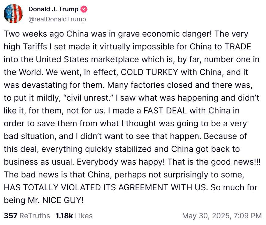 Trump cáo buộc Trung Quốc vi phạm thoả thuận thuế quan