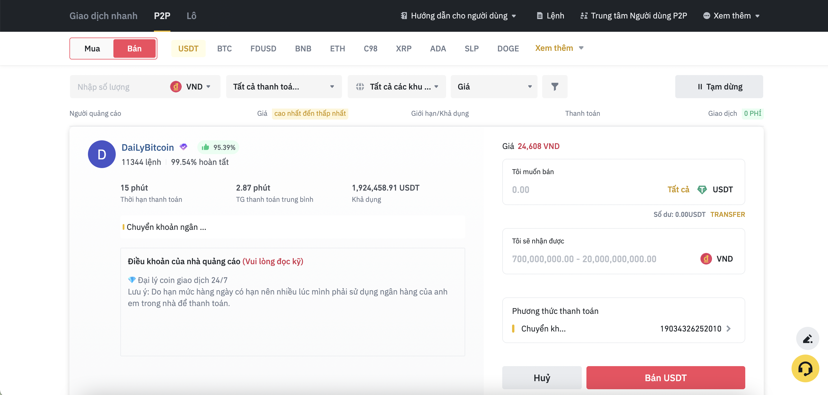 Hướng dẫn bán coin trên P2P
