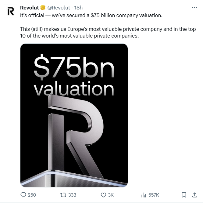 Revolut đạt định giá 75 tỷ USD