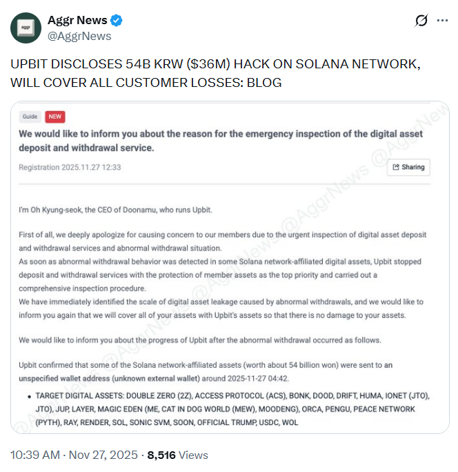 Upbit xác nhận bị hack 54 tỷ KRW (36 triệu USD) trên mạng Solana