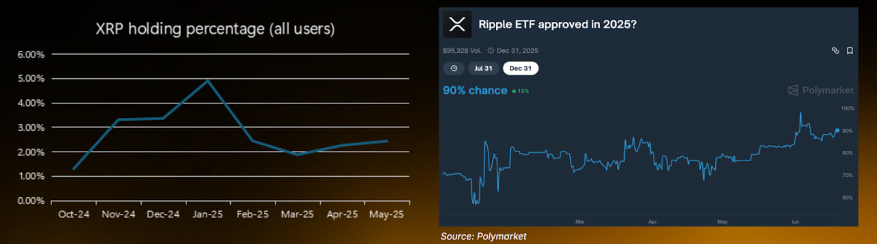 Tỷ lệ nắm giữ XRP, cơ hội phê duyệt ETF XRP.