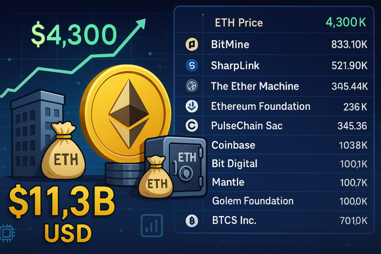 Top 10 công ty nắm giữ ETH sở hữu hơn 11,3 tỷ USD
