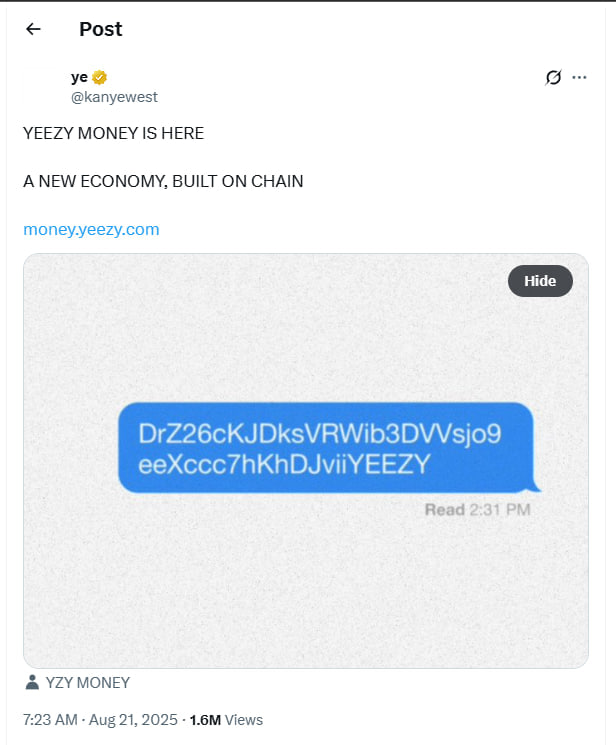 Ye c&ocirc;ng bố token YZY