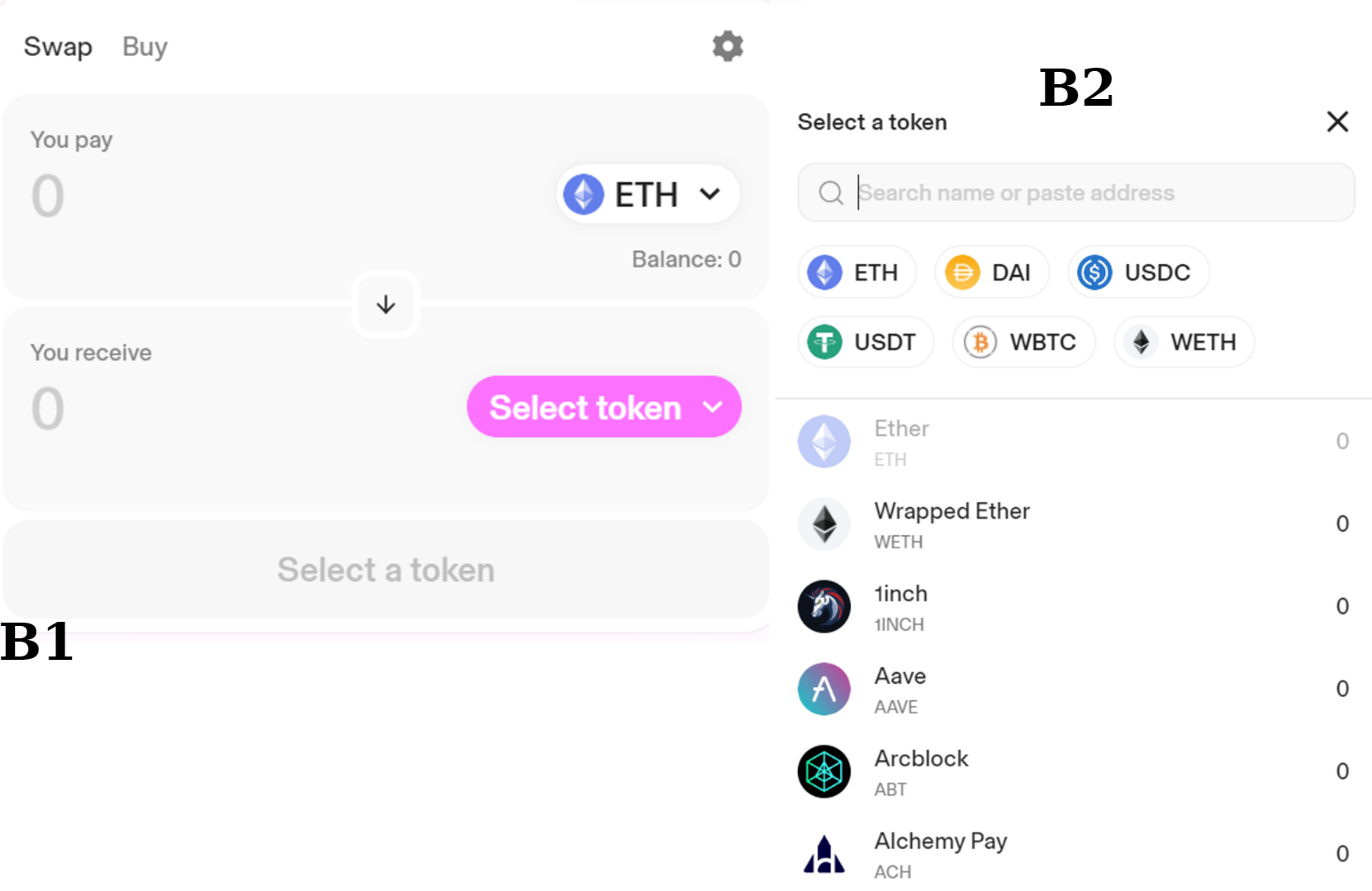 &ldquo;Select token&rdquo; để chọn WETH