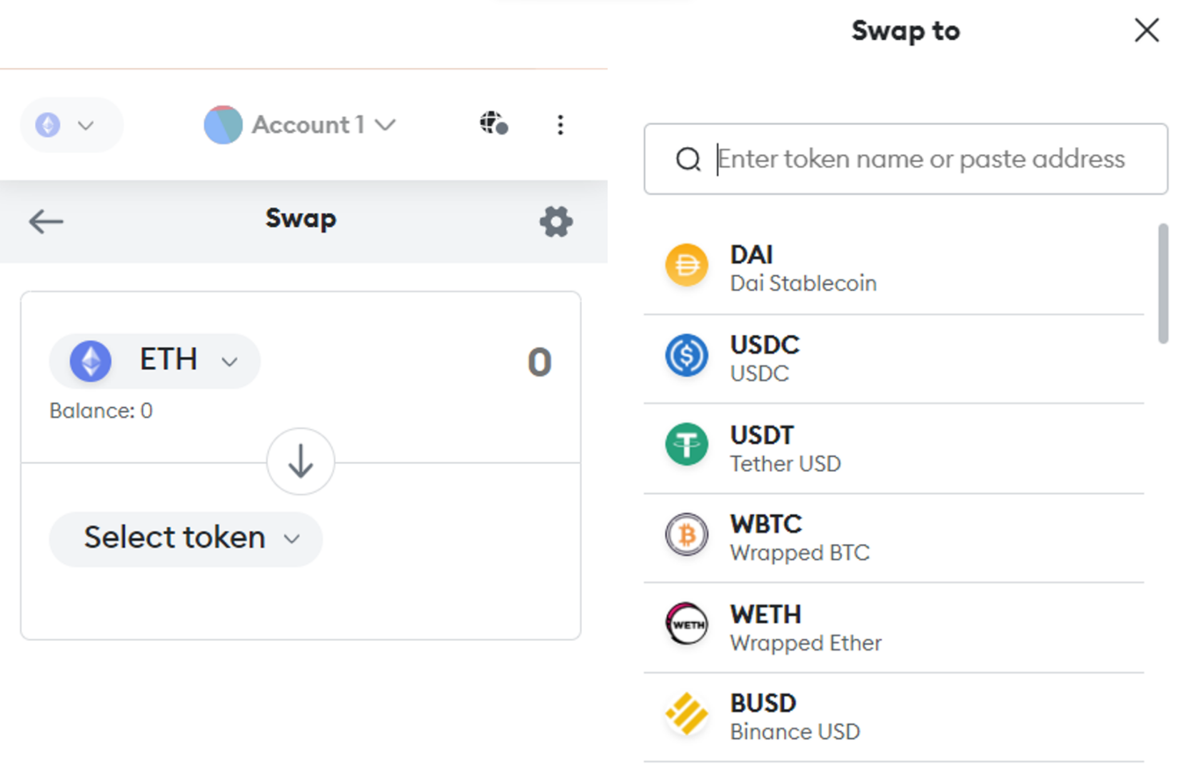 Mục &ldquo;Select token&rdquo; chọn &ldquo;WETH&rdquo;
