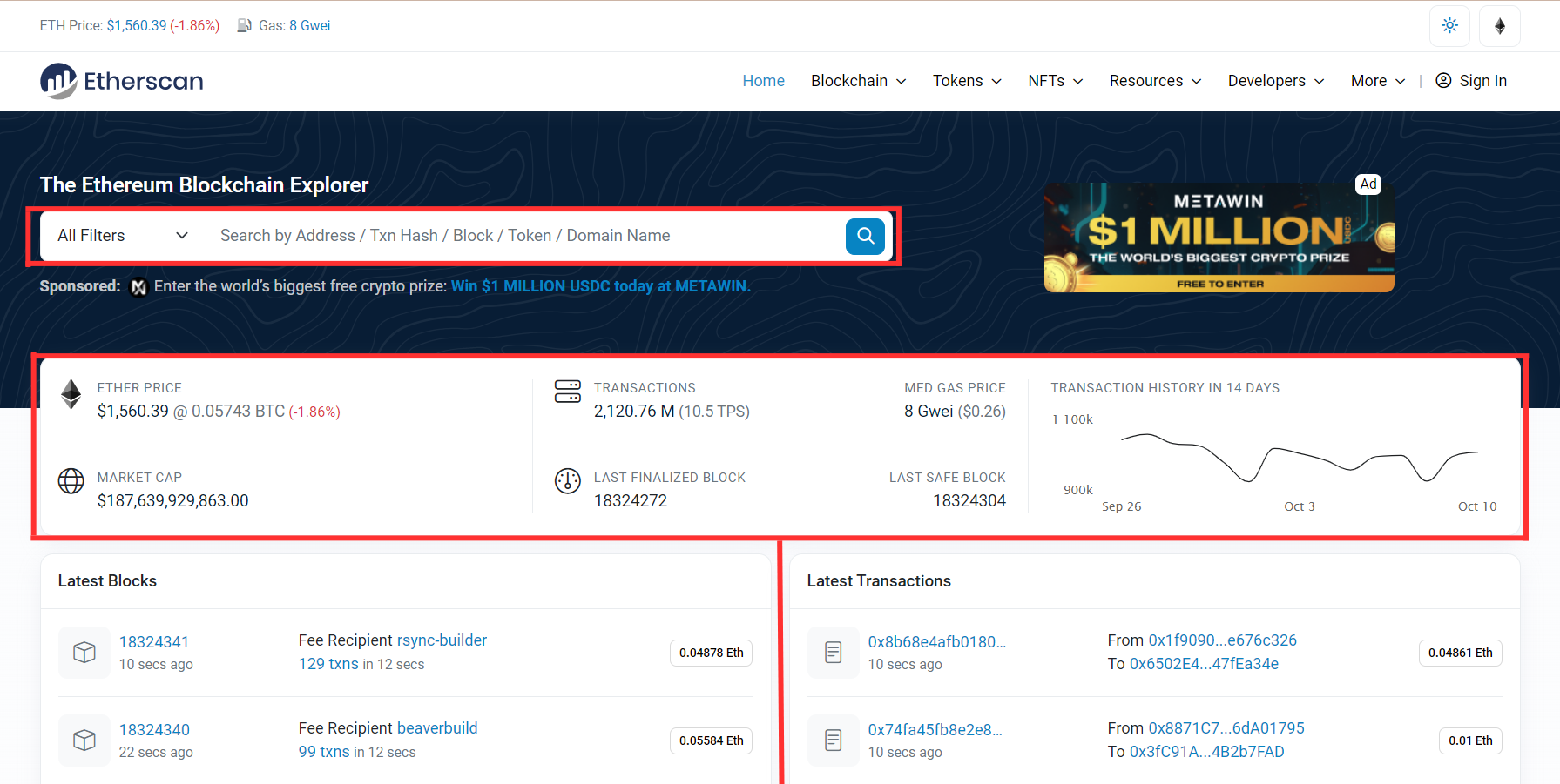 Trang chủ của Etherscan