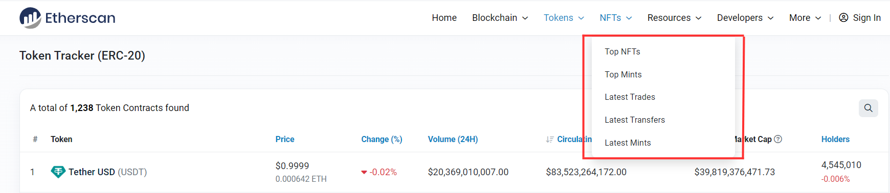 Phần mục NFT trên Etherscan