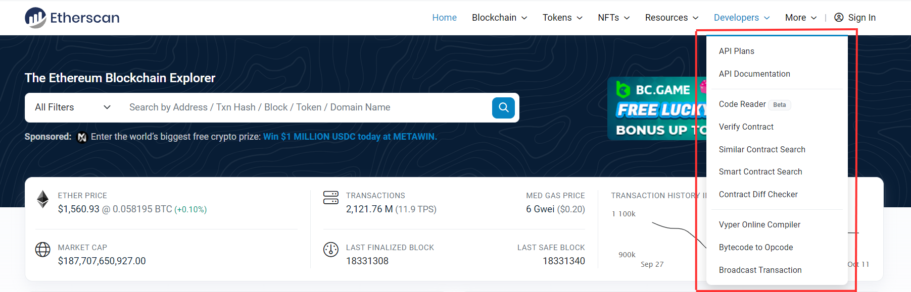 Phần mục Developers trên Etherscan