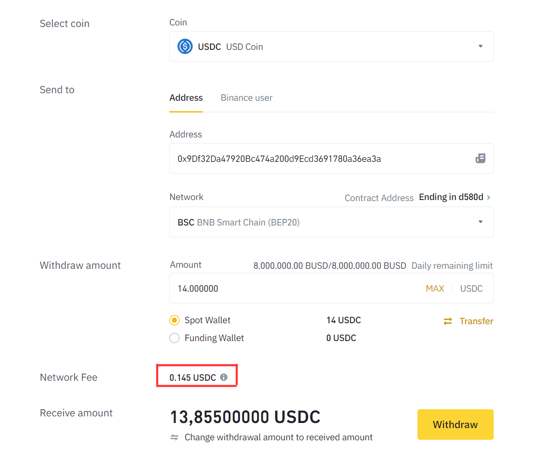 Rút USDC đến địa chỉ ví khác trên sàn Binance