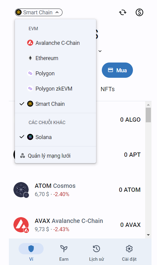 Chọn mạng Smart Chain trên Trust Wallet