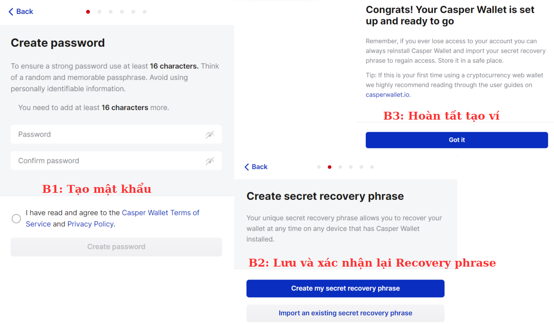 Đặt mật khẩu v&agrave; lưu Recovery Phrase