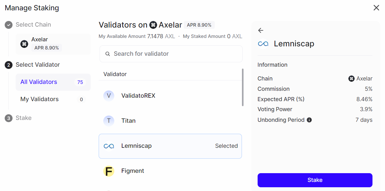 Chọn Validator để Stake AXL