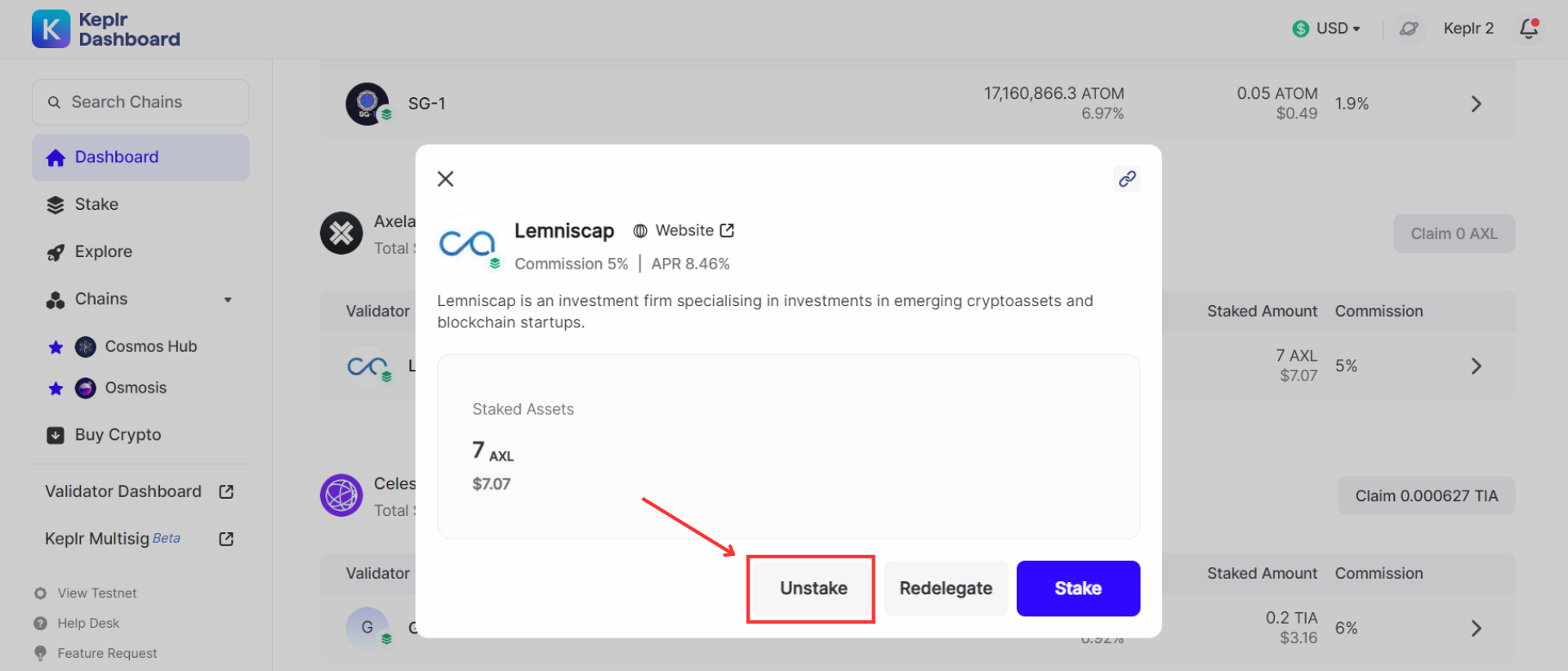 Hướng dẫn Unstake AXL tr&ecirc;n v&iacute; Keplr