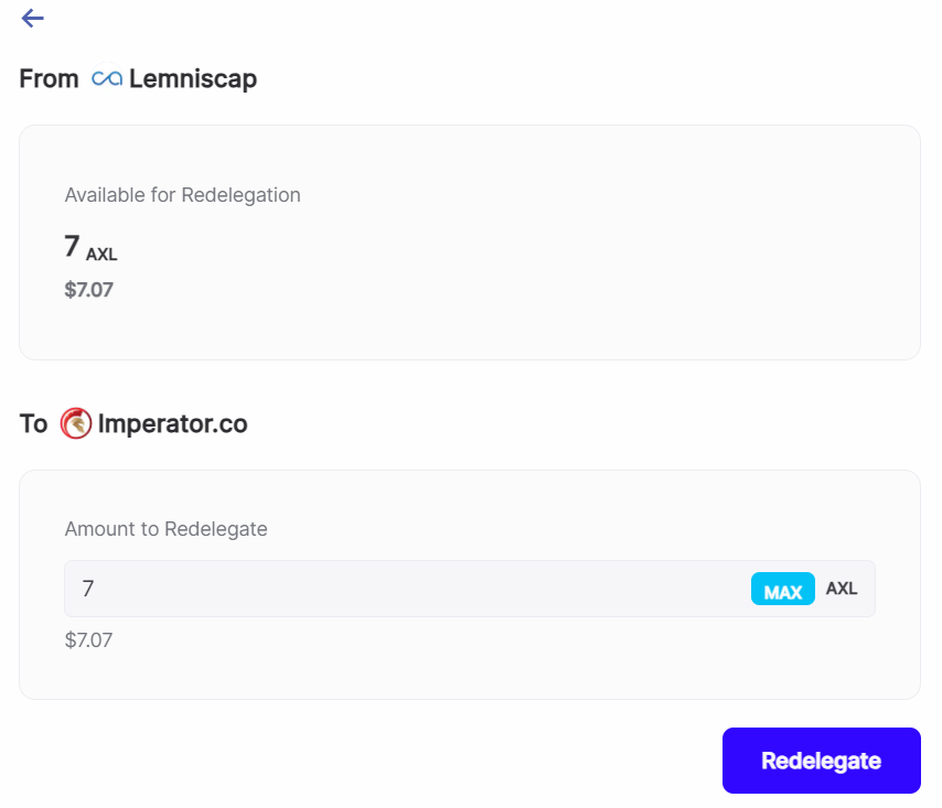 Nhập số lượng v&agrave; bấm &ldquo;Redelegate&rdquo; x&aacute;c nhận
