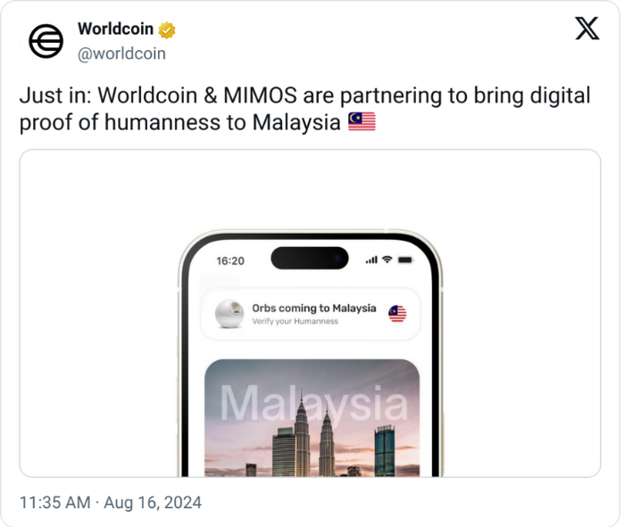 Worldcoin triển khai hoạt động tại Malaysia