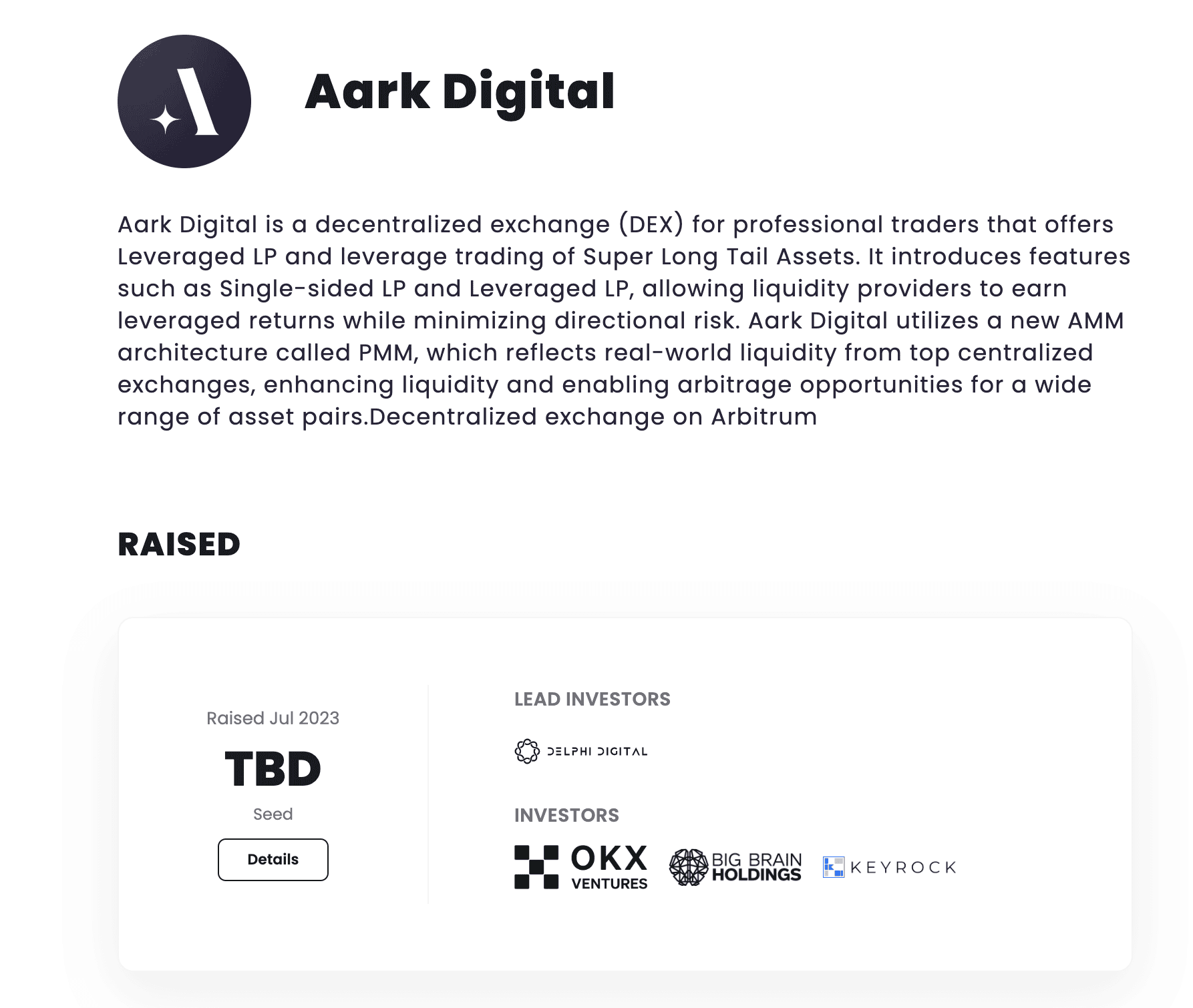 Các quỹ đầu tư cho Aark Digital vòng hạt giống