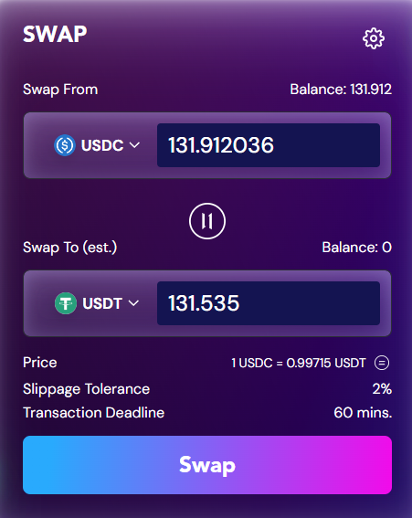 Giao diện tính năng Swap