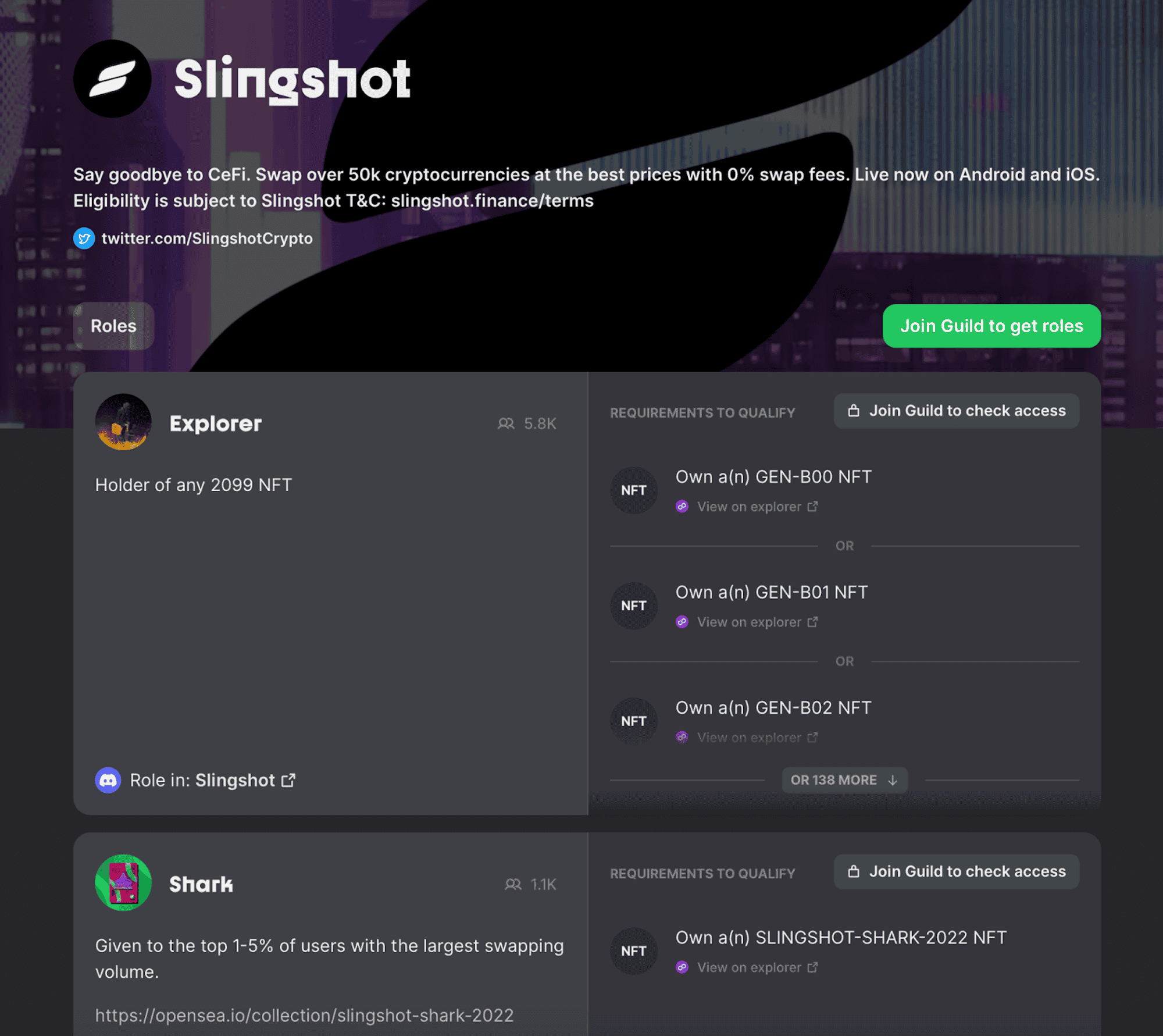 Giao diện các nhiệm vụ Slingshot trên Guild.xyz