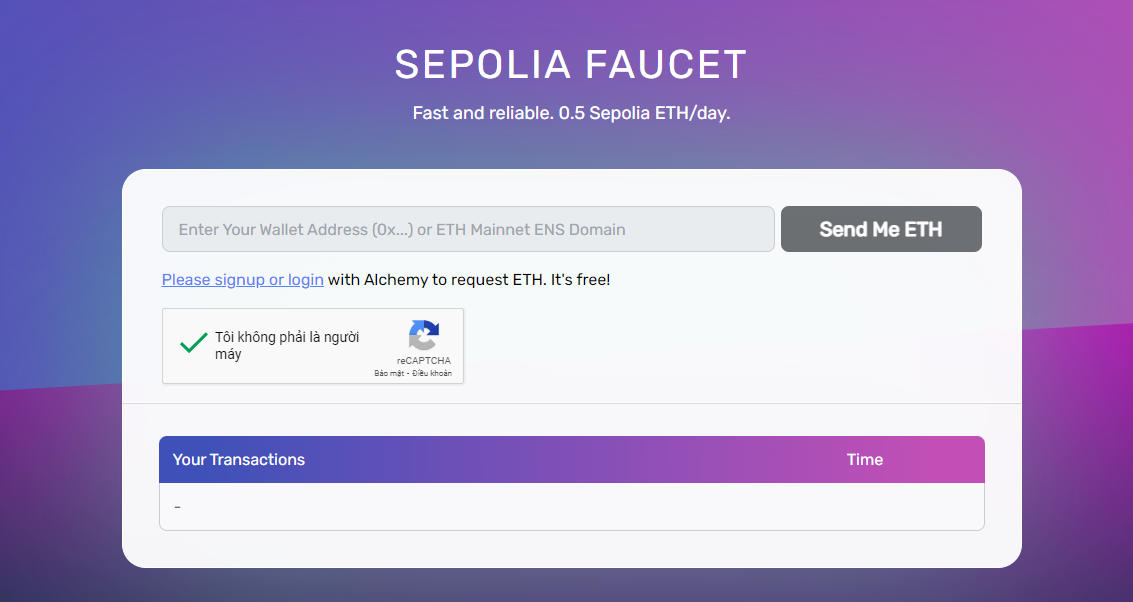Giao diện ETH Sepolia Faucet trên Alchemy