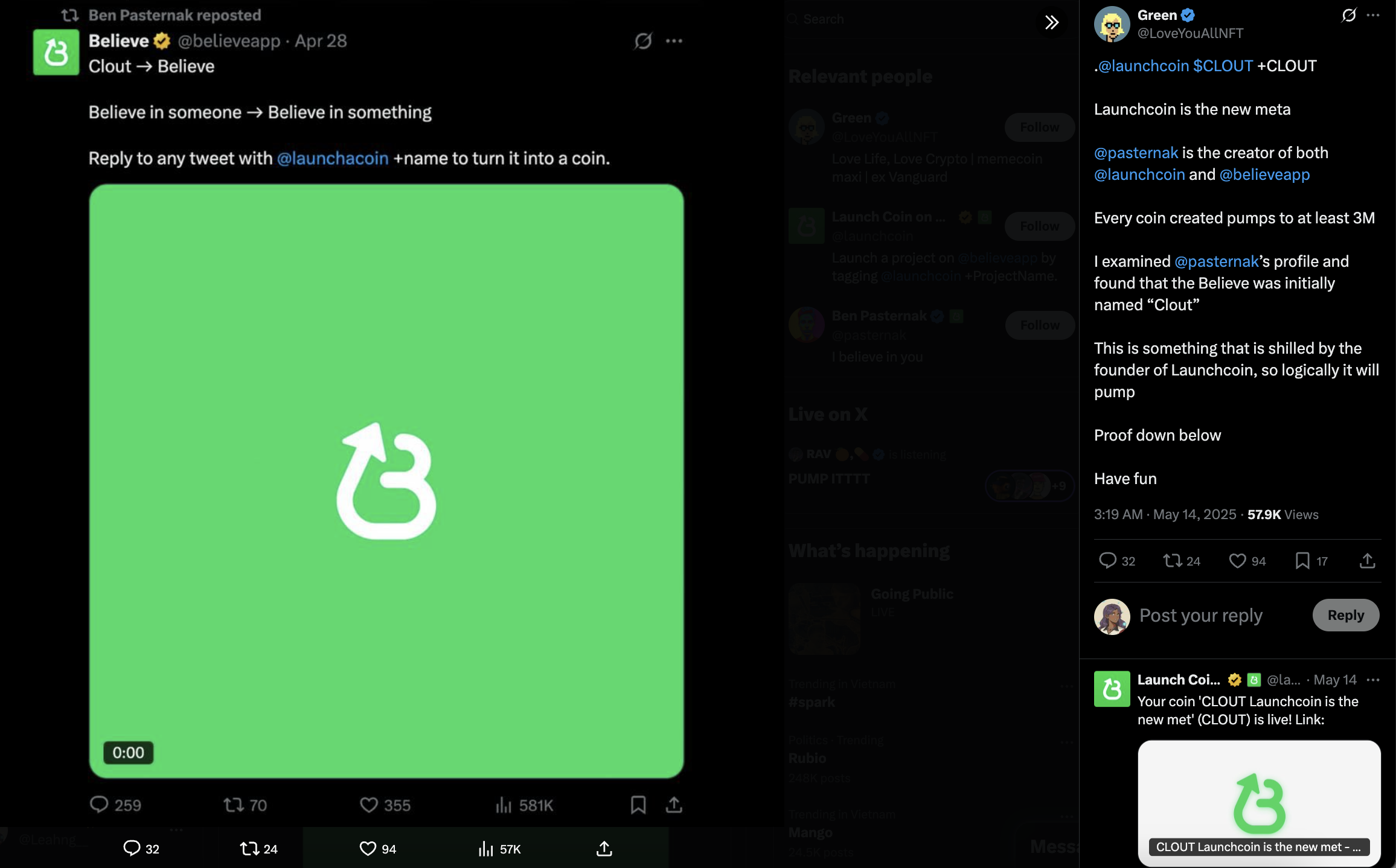 Khởi tạo token thông qua X với Launchcoin on Believe