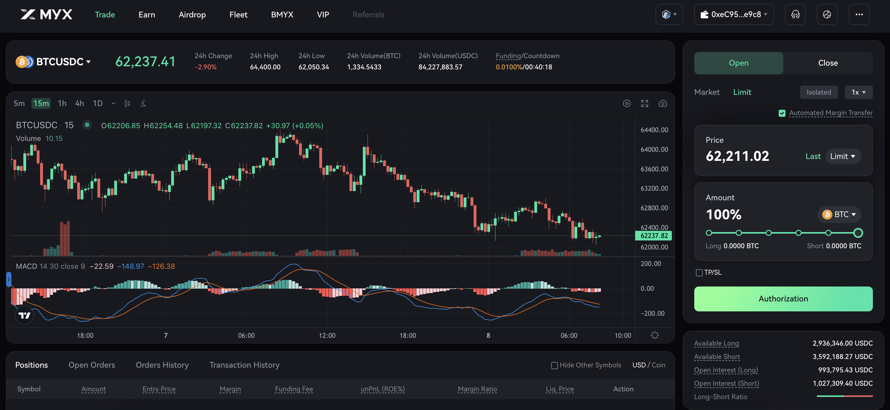 Giao diện Trade của MYX Finance