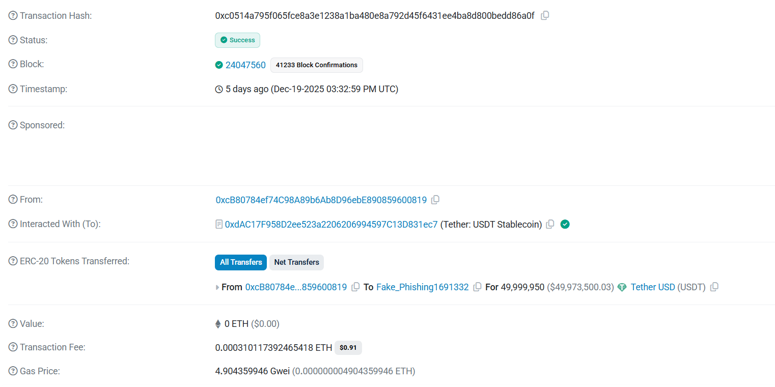 Giao dịch đ&aacute;nh cắp địa chỉ trị gi&aacute; 50 triệu đ&ocirc; la, v&iacute; 0xcB8. Nguồn: Etherscan.io