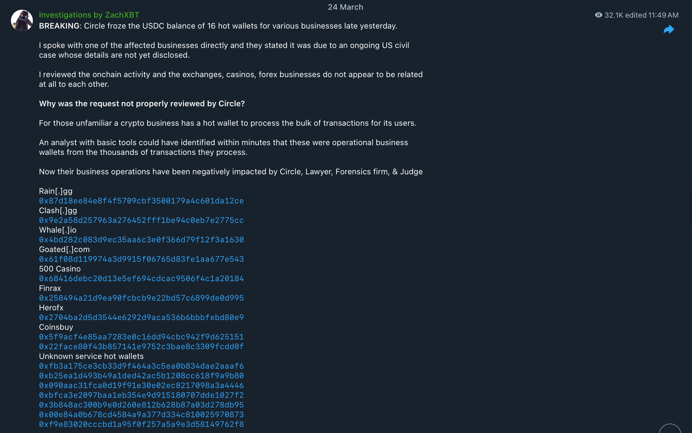 Circle đ&atilde; đ&oacute;ng băng 16 v&iacute; USDC li&ecirc;n quan đến một vụ kiện d&acirc;n sự tại Mỹ. Nguồn: ZachXBT