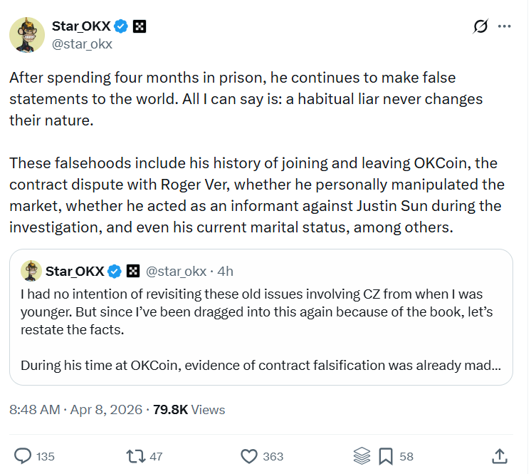 Star Xu gọi CZ l&agrave; kẻ n&oacute;i dối. Nguồn: Star Xu