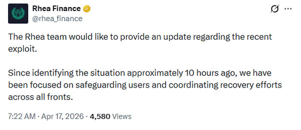 Rhea Finance cập nhật th&ocirc;ng tin về lỗ hổng bảo mật cho người d&ugrave;ng. Nguồn: Rhea Finance