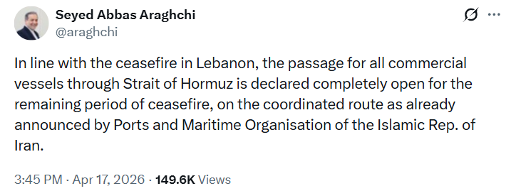 Ngoại trưởng Iran, Seyed Abbas Araghchi, x&aacute;c nhận rằng tuyến h&agrave;ng hải chiến lược Hormuz sẽ được duy tr&igrave; mở cửa