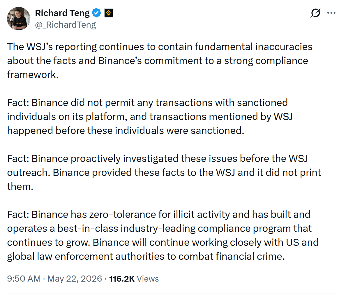 CEO Binance Richard Teng phủ nhận c&aacute;o buộc từ Wall Street Journal
