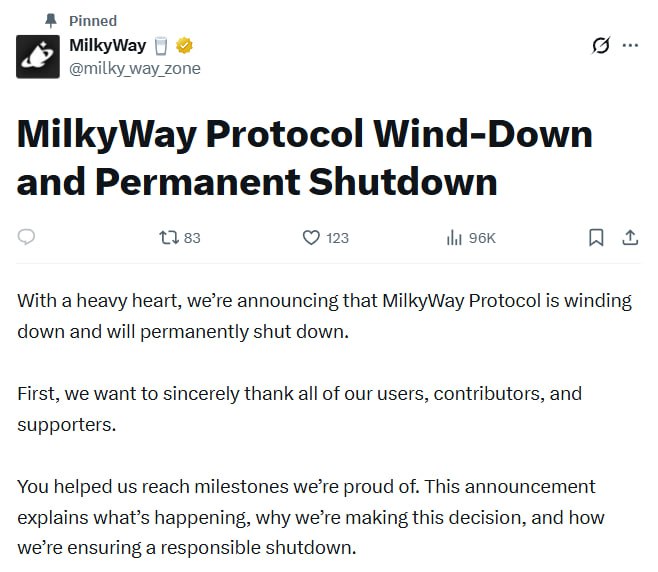 MilkyWay ch&iacute;nh thức ngừng hoạt động protocol