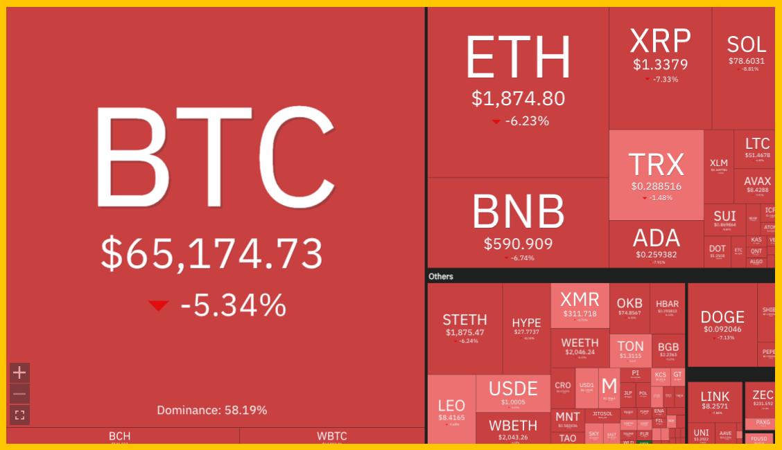 Bitcoin bất ngờ giảm s&acirc;u xuống dưới mốc 65.000 USD, k&eacute;o theo sự sụt giảm của c&aacute;c Altcoin kh&aacute;c