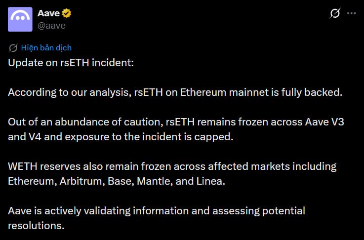 Aave th&ocirc;ng b&aacute;o tiếp tục đ&oacute;ng băng cả rsETH v&agrave; $WETH 