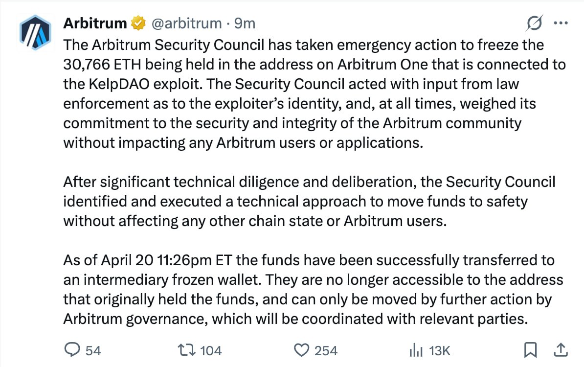 Arbitrum x&aacute;c nhận đ&oacute;ng băng 30766 ETH của Hacker KelpDAO