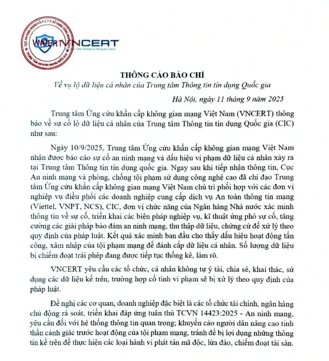 Toàn văn thông cáo báo chí của VNCERT